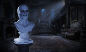 The Ghost Bust Halloween projection prop with illuminated projector in gothic haunted house interior