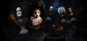 Professional Halloween props including Ghost Bust and Scary Mary Mirror in a cinematic haunted mansion scene with floating busts and séance table
