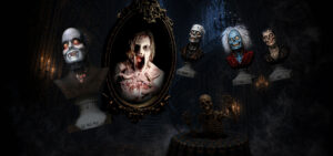 Professional Halloween props including Ghost Bust and Scary Mary Mirror in a cinematic haunted mansion scene with floating busts and séance table