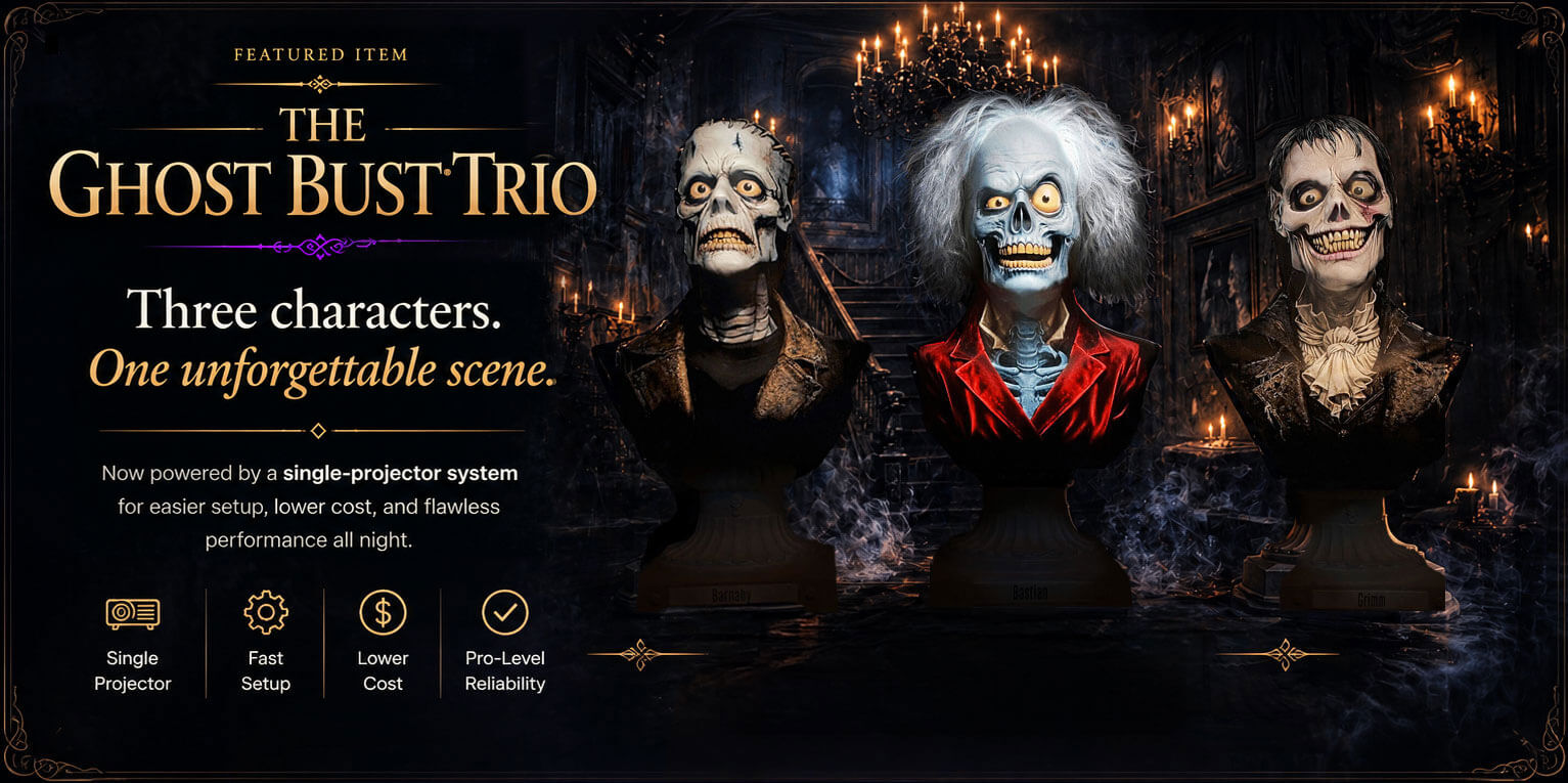 Ghost Bust Trio animated Halloween prop with three talking busts for haunted attractions and home haunts