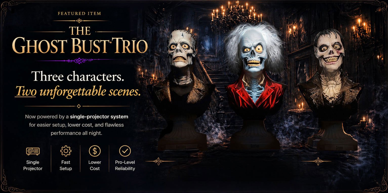 Ghost Bust Trio animated Halloween prop with three talking busts for haunted attractions and home haunts